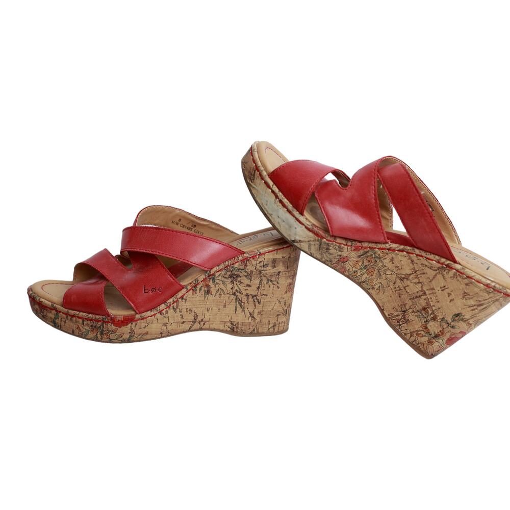 BOC B.O.C.  Red Floral Print Leather Cork Wedges strappy slip on size‎ 8